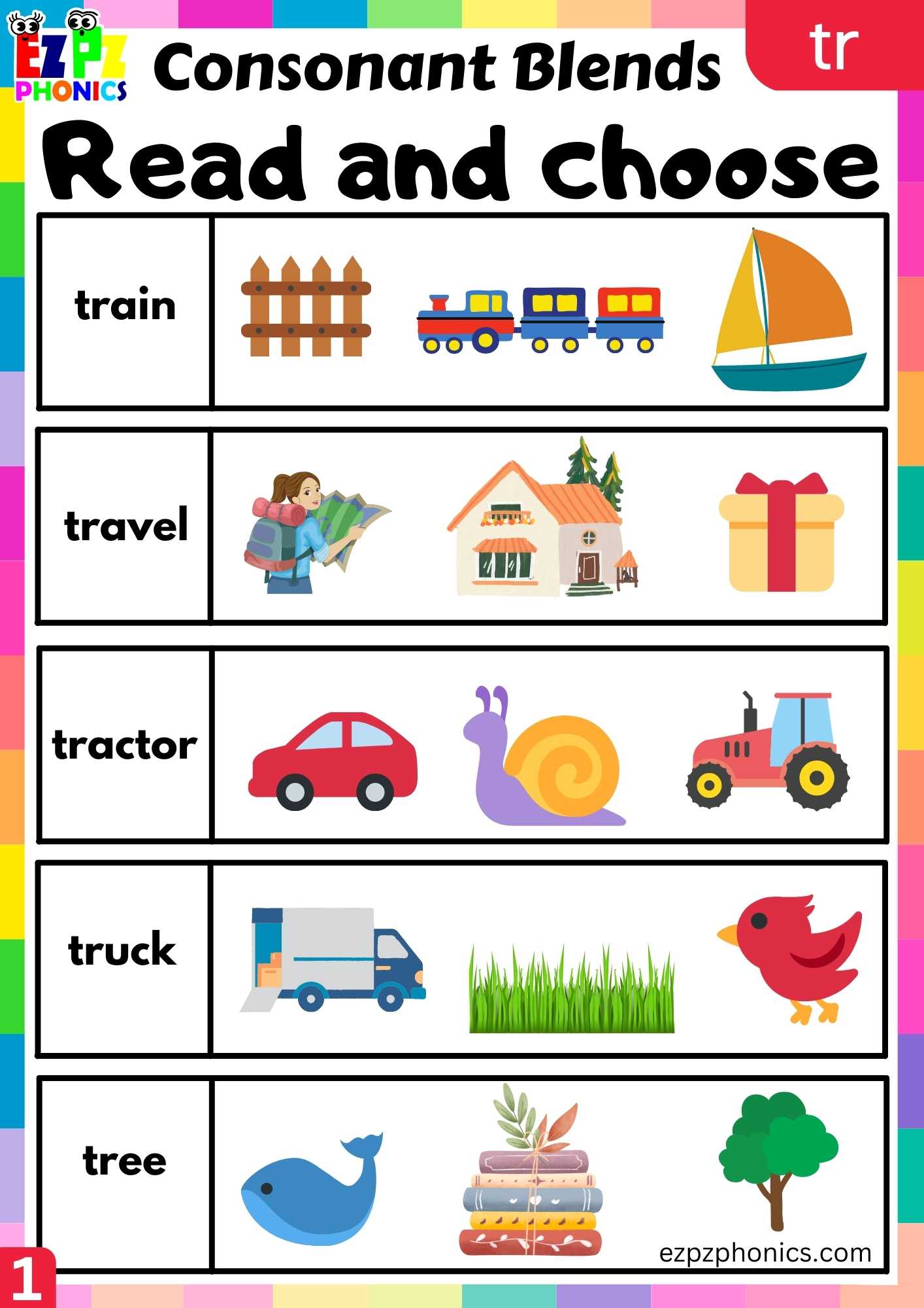 Group1 TR Words Read And Choose Phonics Consonant Blends Worksheet